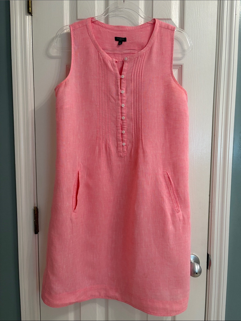 Talbots Size 8P Pink Sleeveless Linen Shift Dress with Pintuck Front - EUC